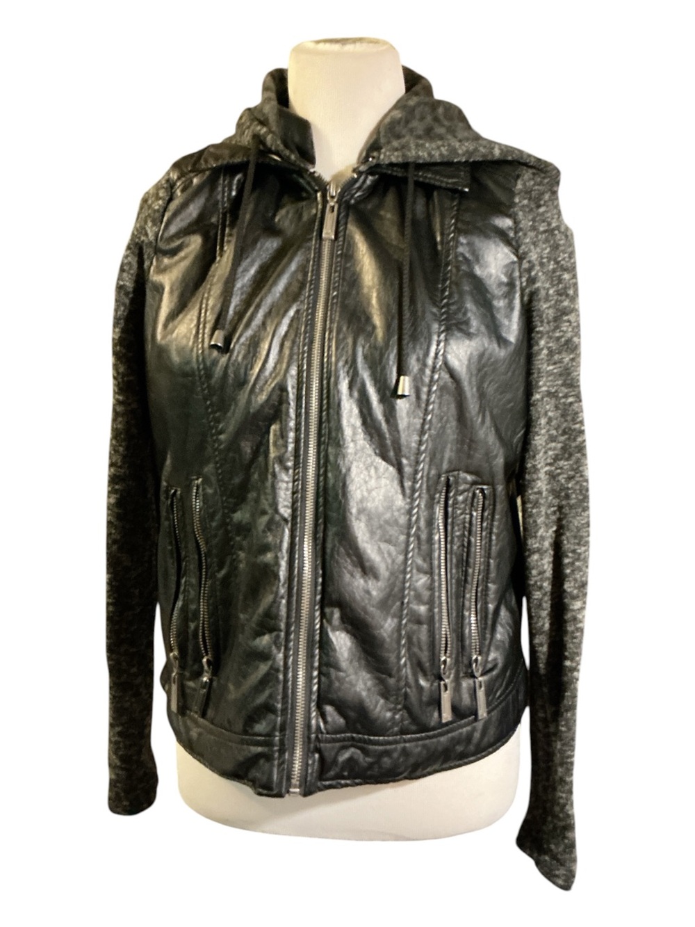 Black Faux Leather Hooded Jacket with Gray Knit Sleeves